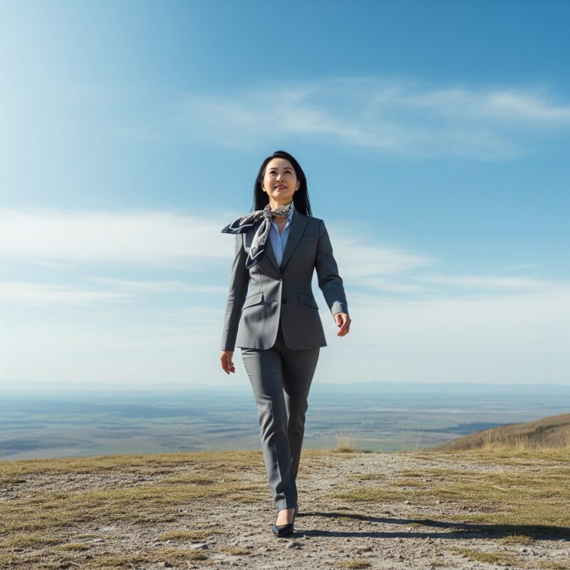 L'immagine mostra una donna asiatica di mezza età, con capelli neri lisci, che cammina con sicurezza verso un vasto orizzonte aperto. L'immagine rappresenta una donna in carriera che abbraccia nuove sfide e avventure con un senso di scopo. Il paesaggio circostante suggerisce un futuro ottimista e pieno di potenziale illimitato. L'idea è quella di sottolineare il concetto che si può indossare un abito ma essere molto di più oltre all'abito e dunque al job title.