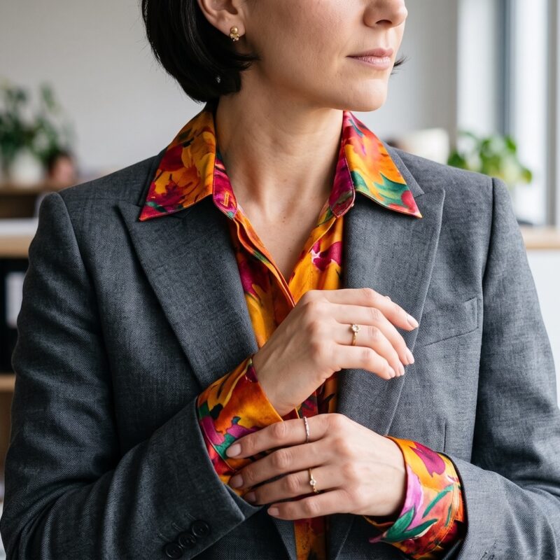 Dettaglio di una professionista in ufficio che indossa una giacca grigia formale sopra una camicia colorata e vivace. Dover nascondere la propria vera natura per adattarsi è il primo segnale che non è il posto adatto a te.